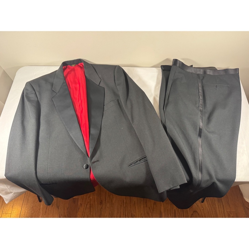 Dimitri Vintage Mens Black Tuxedo Set Red Lining Satin Lapel 2 Piece Full Set